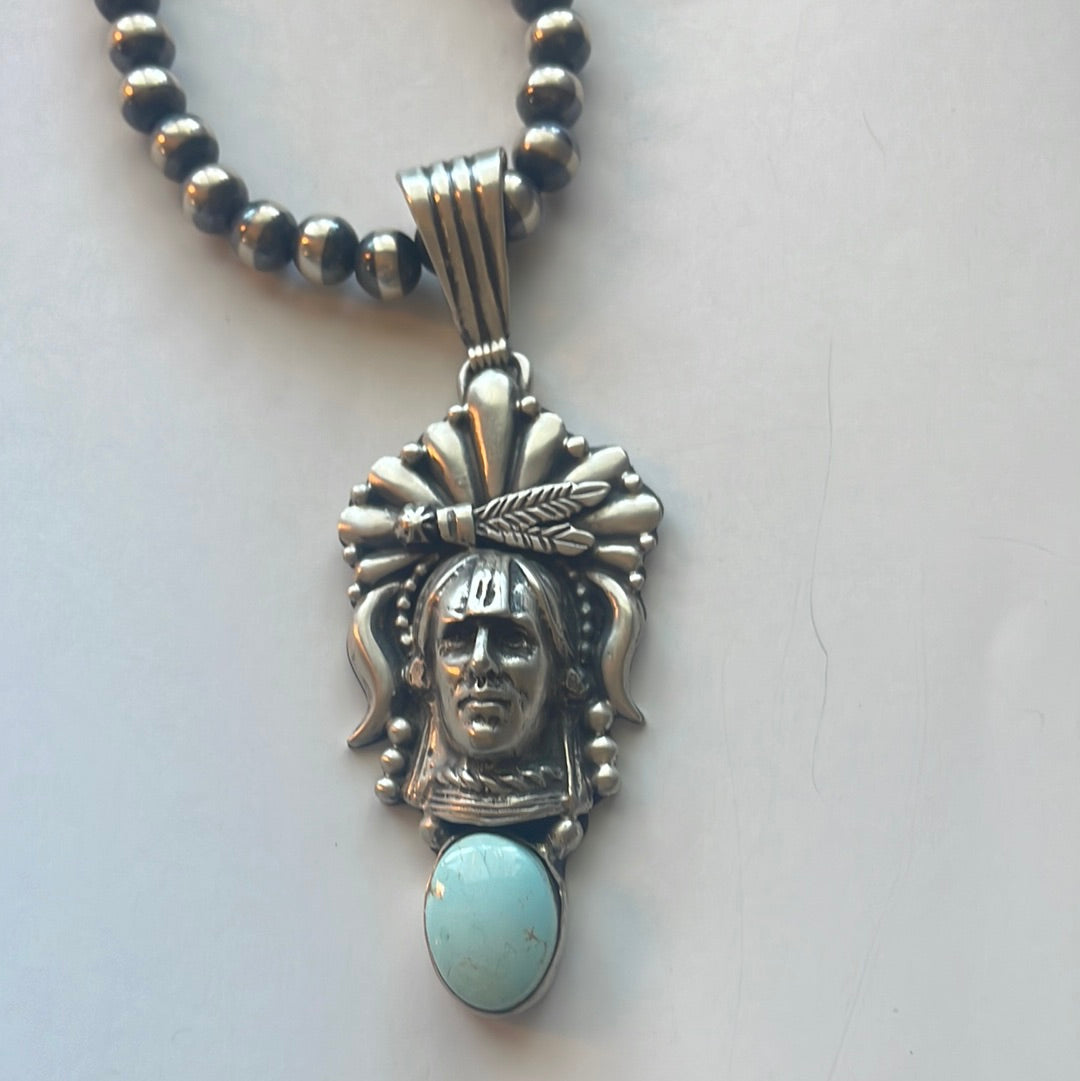 Beautiful Navajo Sterling Silver & Turquoise Chief Pendant Signed Russell Sam