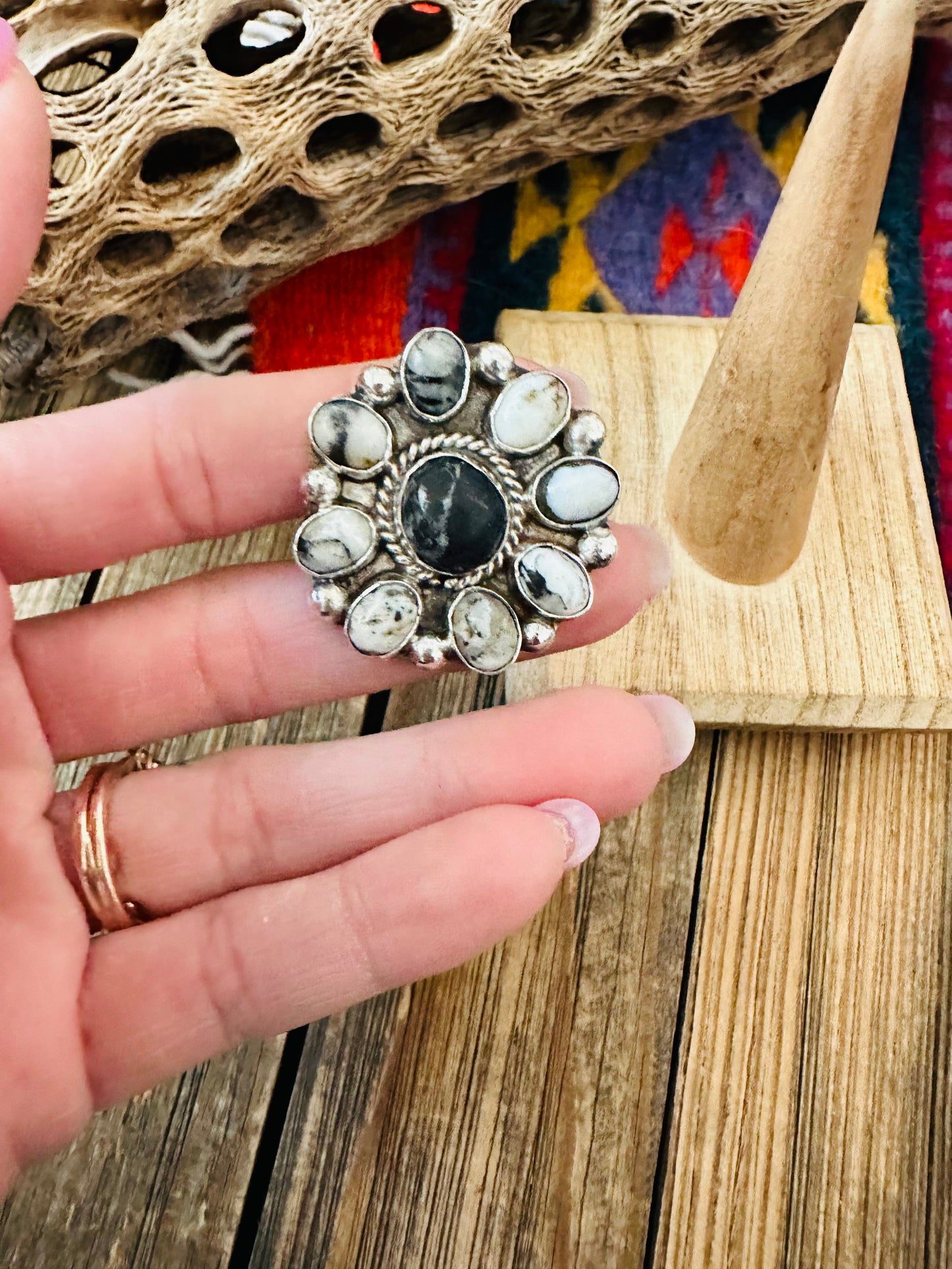 Navajo Sterling Silver And White Buffalo Cluster Adjustable Ring