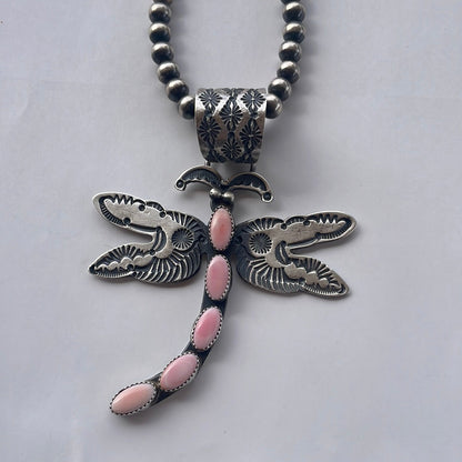 Navajo Pink Conch & Sterling Silver Dragonfly Pendant Signed E Billah