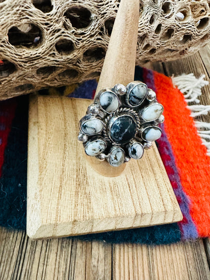 Navajo Sterling Silver And White Buffalo Cluster Adjustable Ring