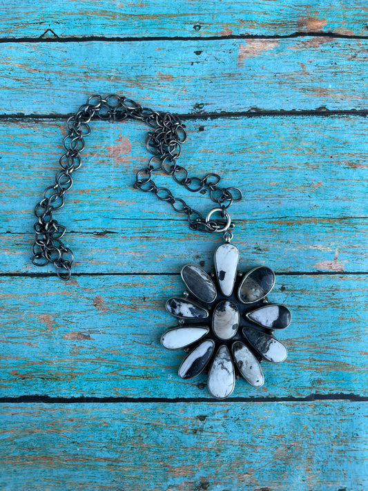 Navajo Sterling Silver & White Buffalo Cluster Necklace By Ella Peters