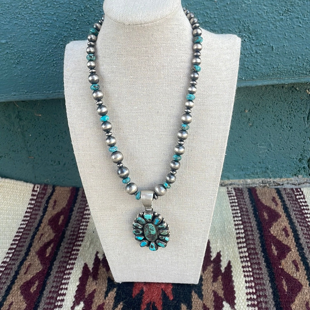 Beautiful Navajo Sterling Silver Turquoise Necklace Signed