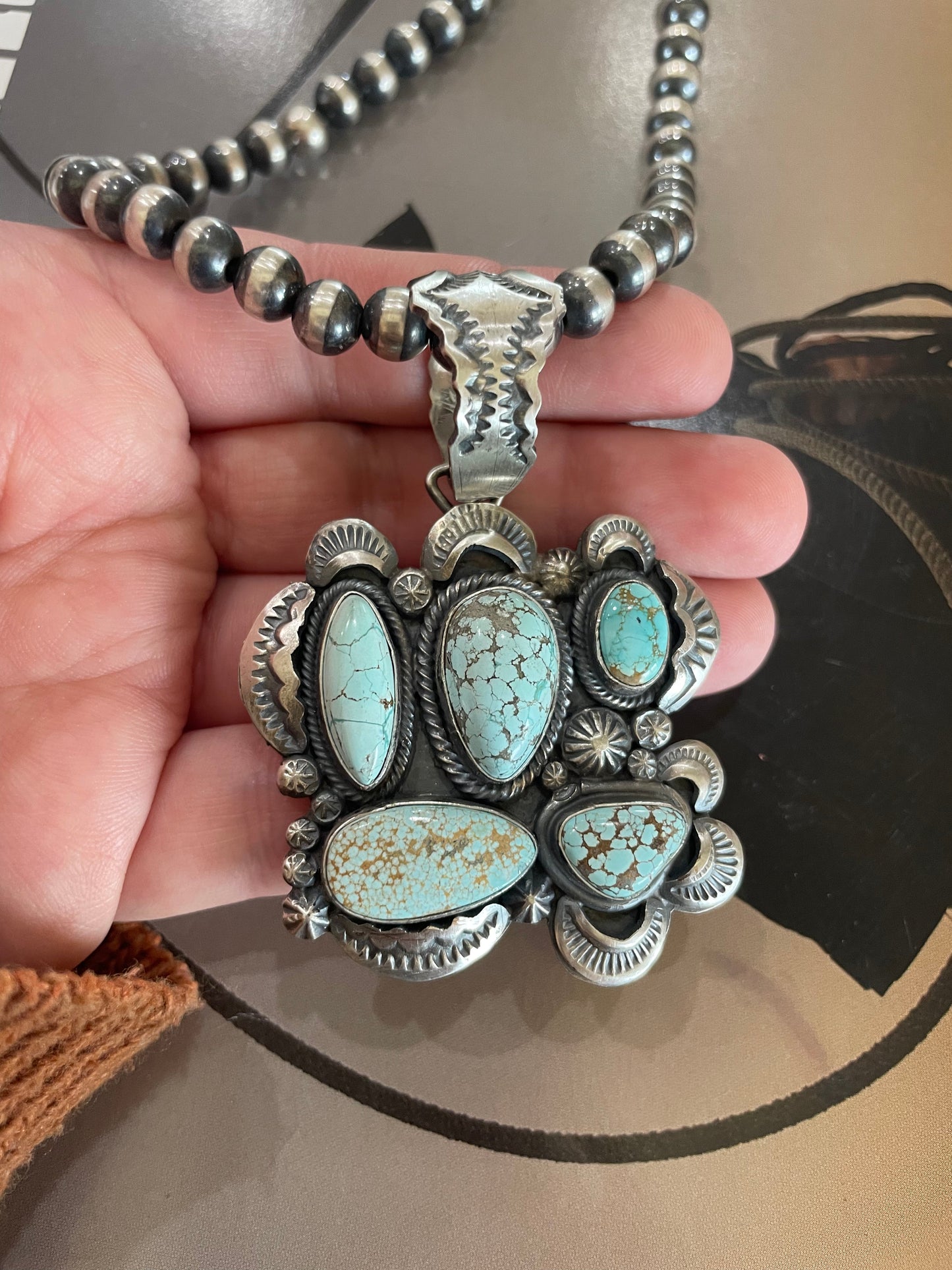 Navajo Sterling Silver & Number 8 Turquoise 5 Stone Pendant