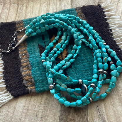 Navajo Turquoise & Sterling Silver 5 Strand Beaded Necklace 20”