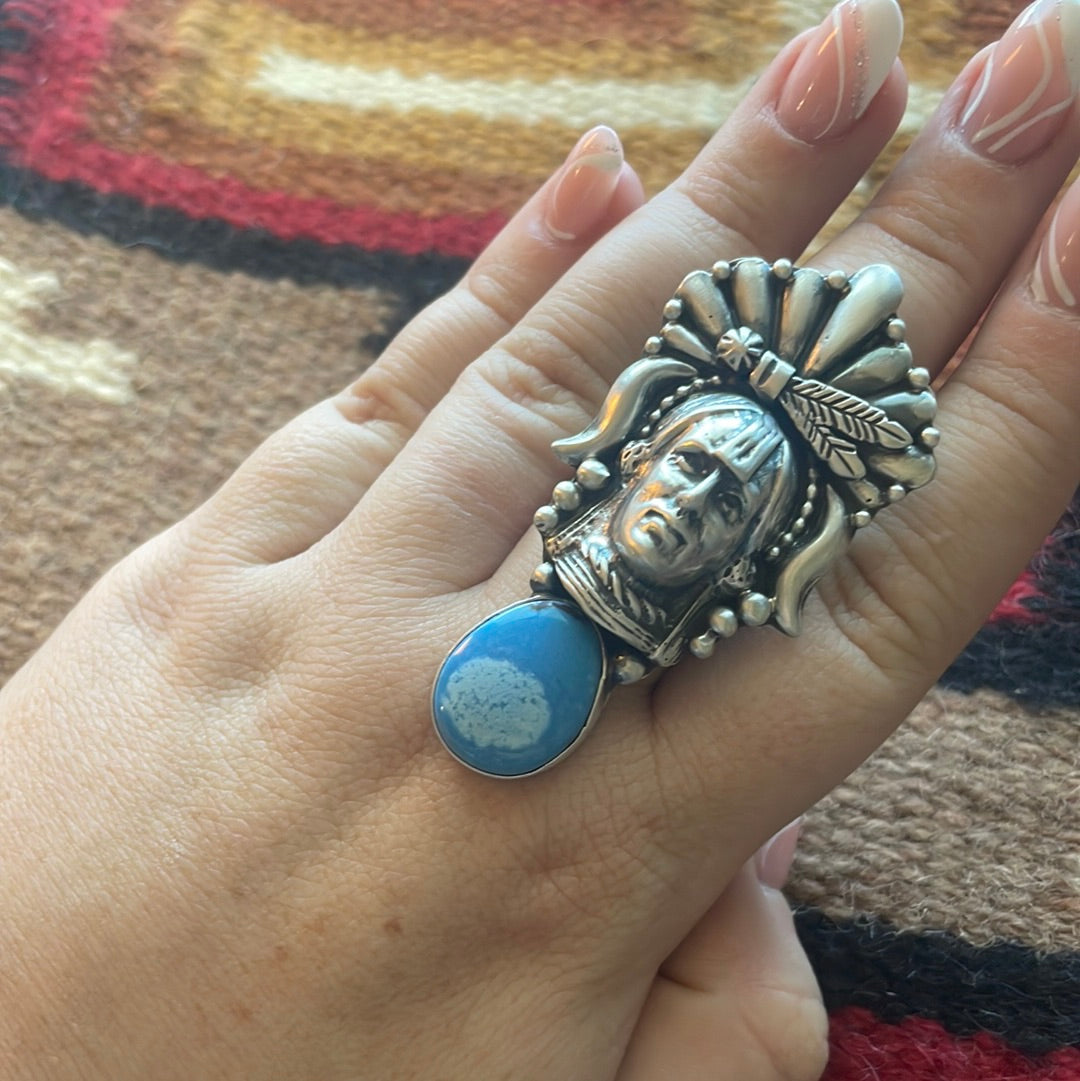 Beautiful Navajo Sterling Silver & Turquoise Chief Adjustable Ring Signed Russell Sam