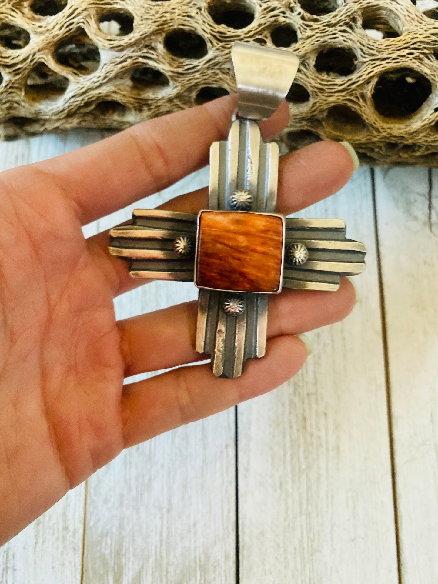 Navajo Orange Spiny & Sterling Silver Zia Cross Pendant By Chimney Butte