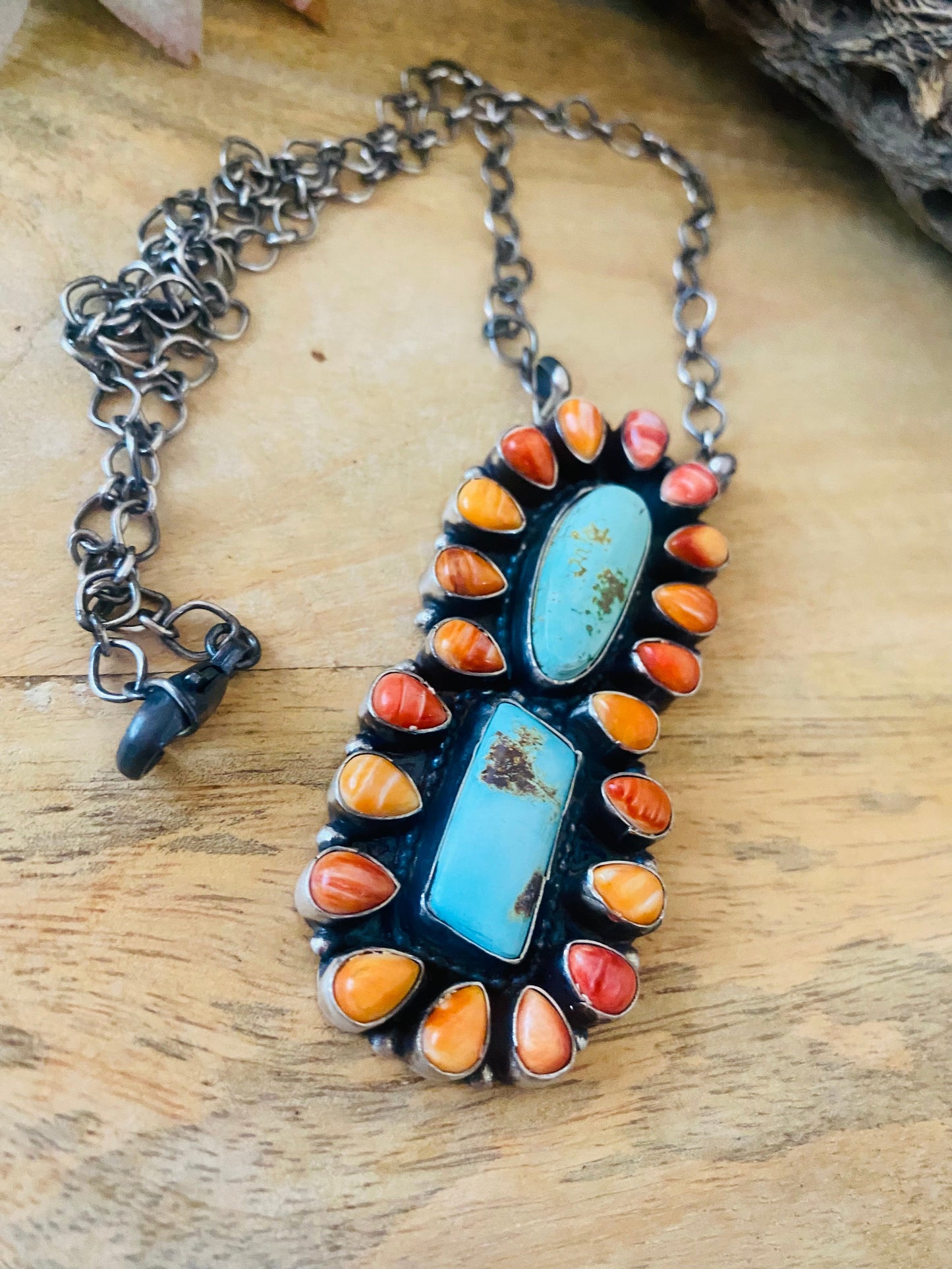 Navajo Sterling Silver, Spiny & Royston Turquoise Cluster Necklace