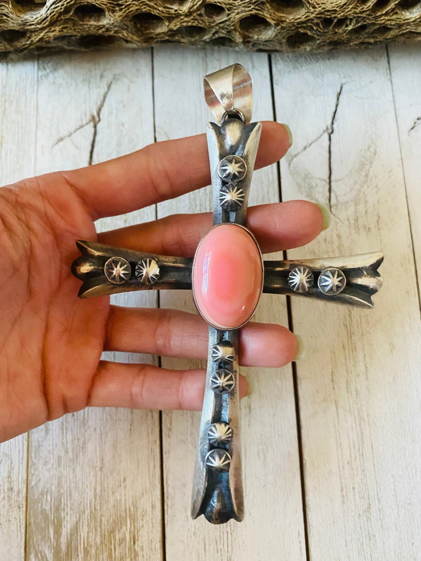 Navajo Queen Pink Conch Shell & Sterling Silver Cross Pendant By Chimney Butte