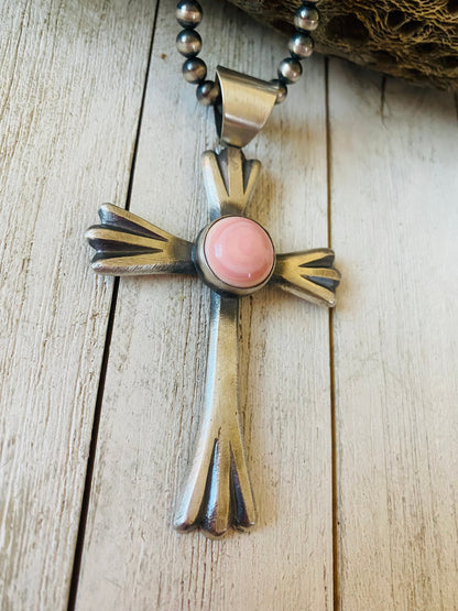 Navajo Queen Pink Conch Shell & Sterling Silver Cross Pendant By Chimney Butte