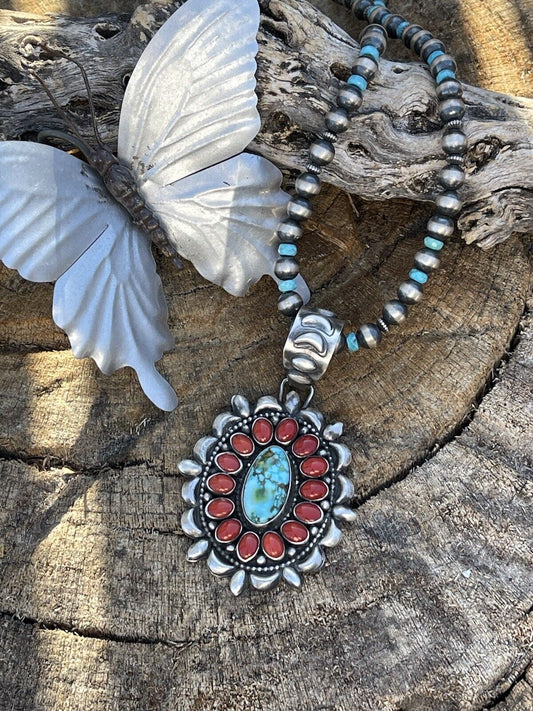 Navajo Sterling Kingman Web Turquoise & Red Coral Taos Ornate Pendant D. Clark