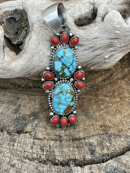 Navajo Sterling Kingman Web Turquoise & Red Coral Taos Pendant Bea Tom