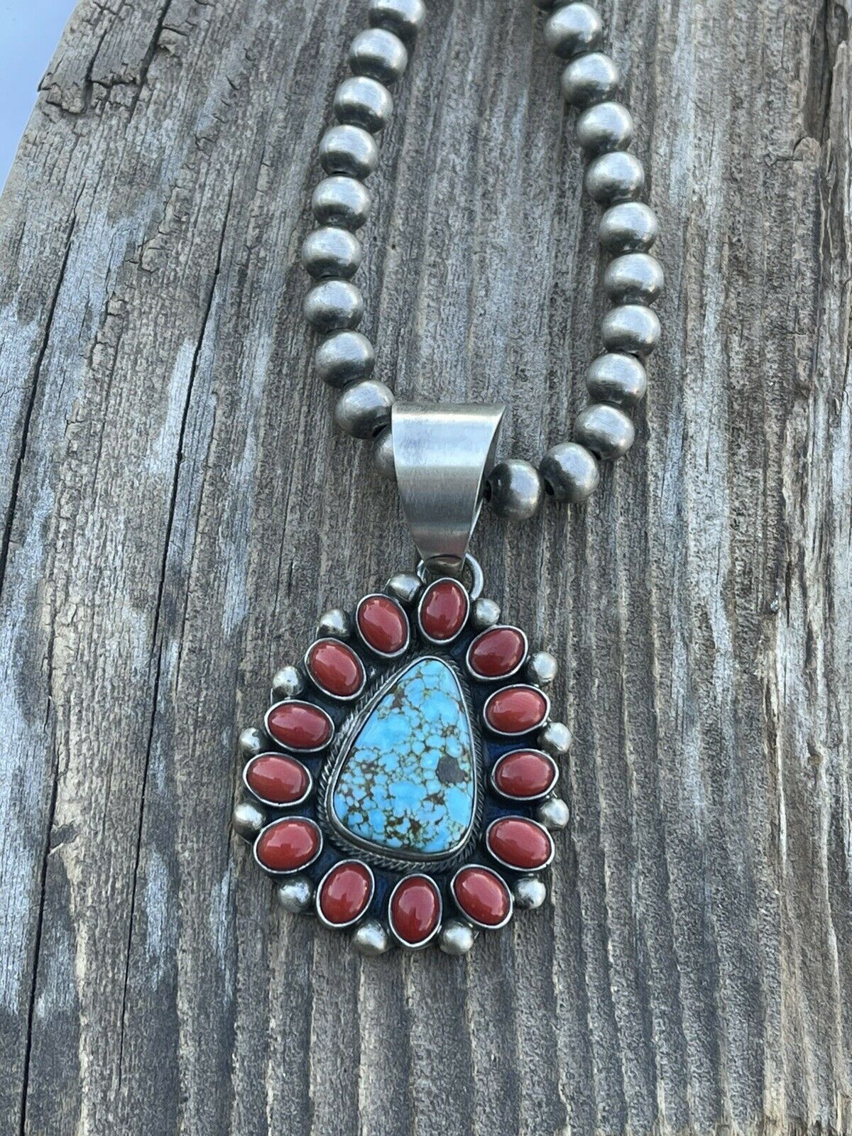 Navajo Sterling Kingman Web Turquoise & Red Coral Taos Pendant Kathleen Chavez