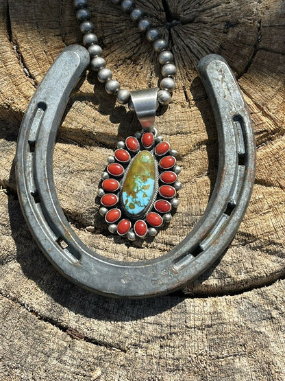 Navajo Sterling Silver Kingman Web Turquoise & Red Coral Taos Cluster Pendant