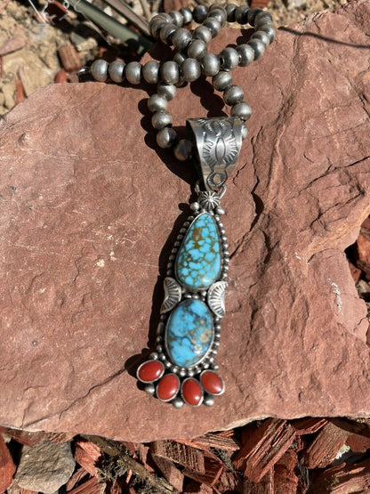 Navajo Sterling Kingman Web Turquoise & Red Coral Taos Pendant Danny Clark