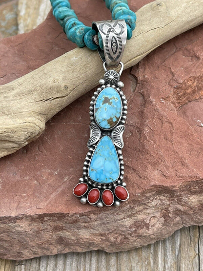 Navajo Sterling Kingman Web Turquoise & Red Coral Taos Pendant Danny Clark