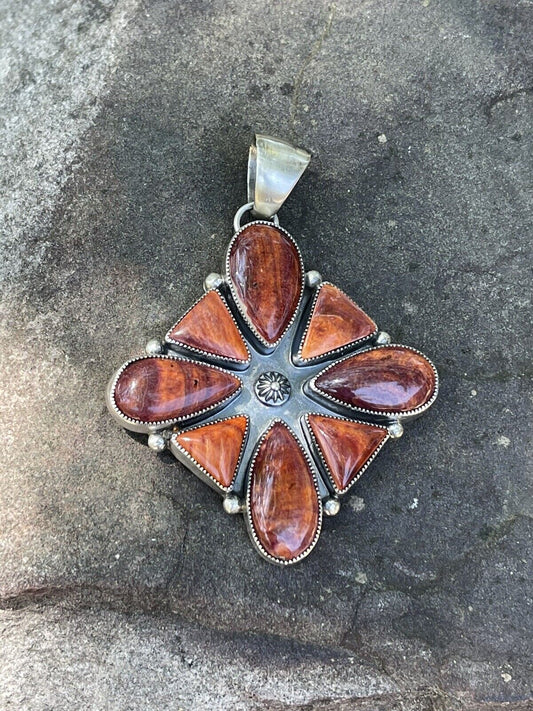 Navajo Sterling Silver Orange Spiny  Jumbo Cluster Pendant