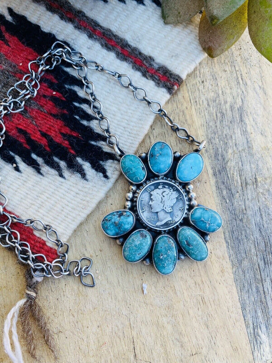 Navajo Sterling Silver & Carico Lake Turquoise Liberty Coin Necklace