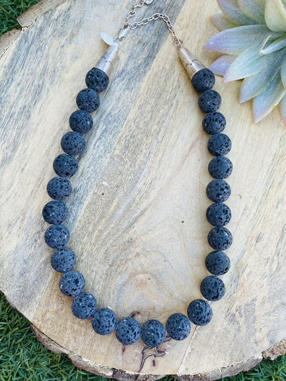 Navajo Lava Rock & Sterling Beaded Necklace