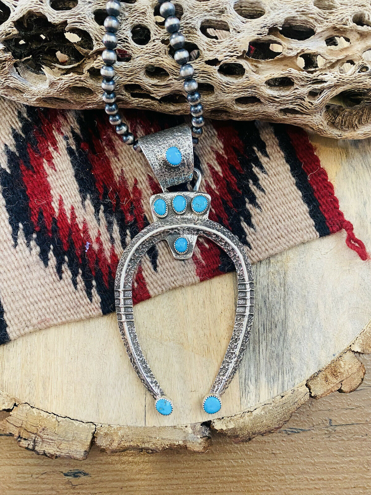 Navajo Sterling Silver & Kingman Turquoise Naja Pendant Signed