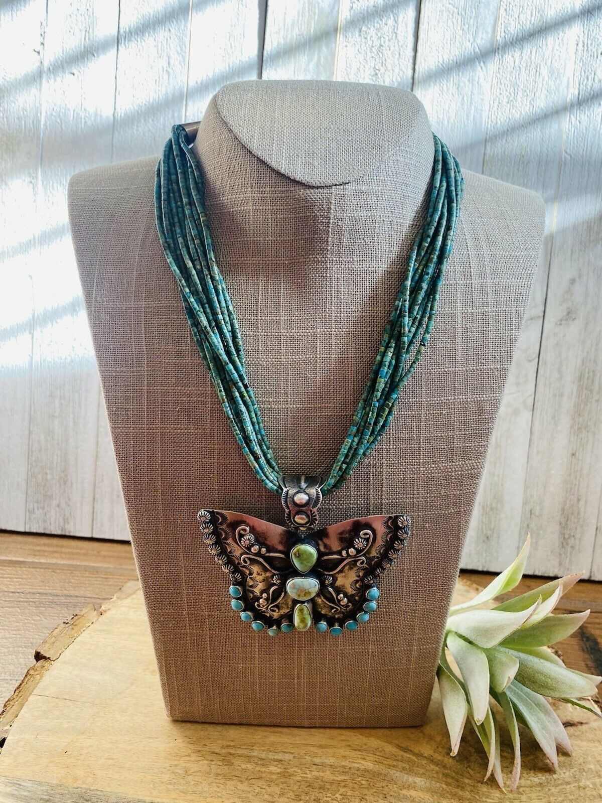 Navajo Sonoran Mountain Turquoise & Sterling Silver  Butterfly Necklace Signed