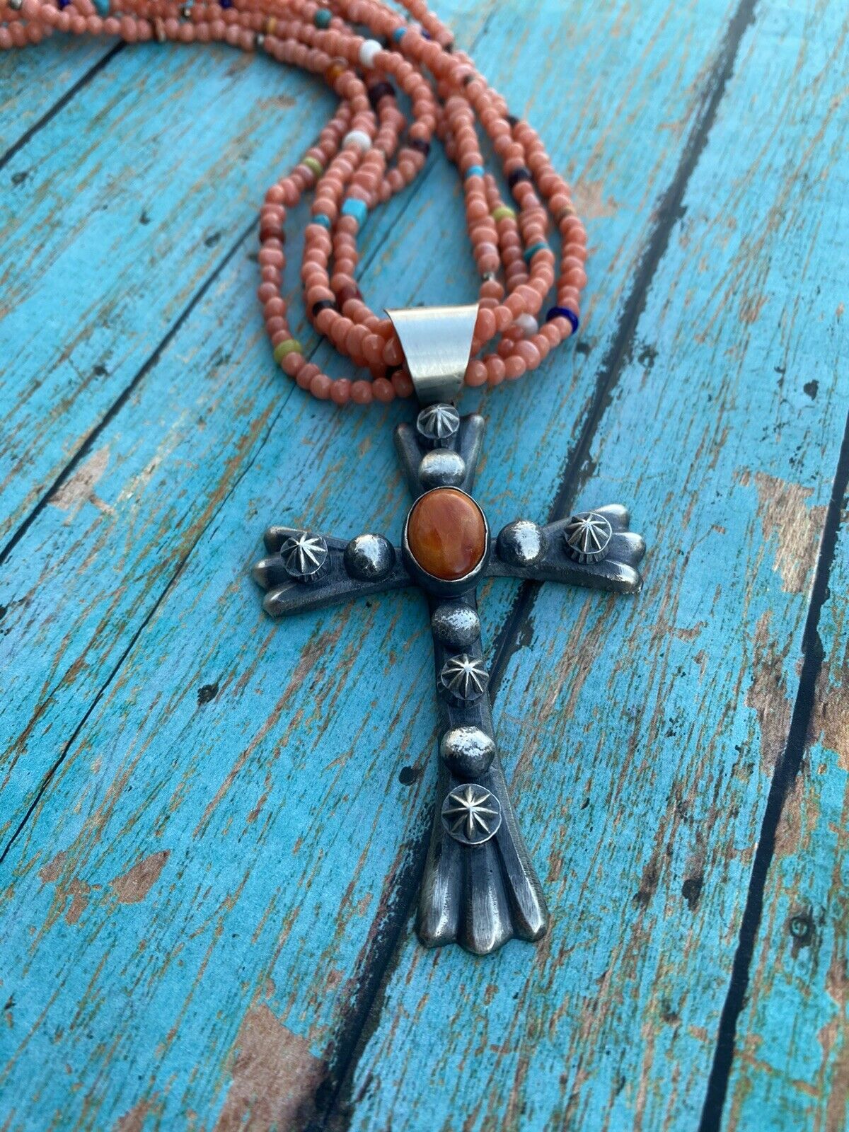 Navajo Sterling Silver & Orange Spiny Shell  Cross Pendant Chimney Butte