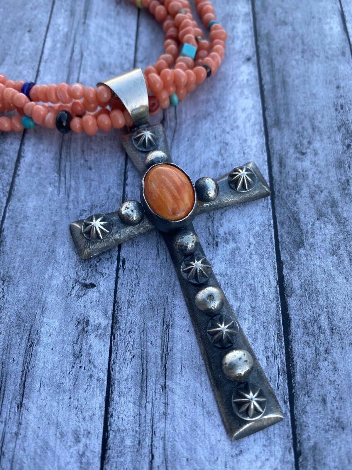 Navajo Sterling Silver & Orange Spiny Shell  Cross Pendant Chimney Butte