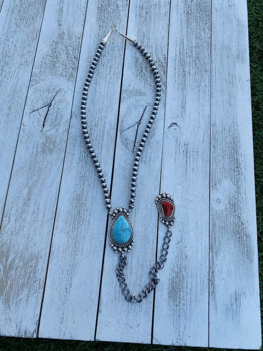 Navajo Coral, Turquoise & Sterling Silver Lariat Necklace