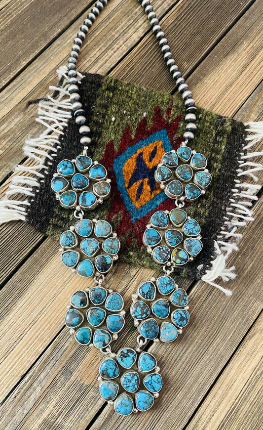 Navajo Natural Kingman & Sterling Silver  Cluster Necklace