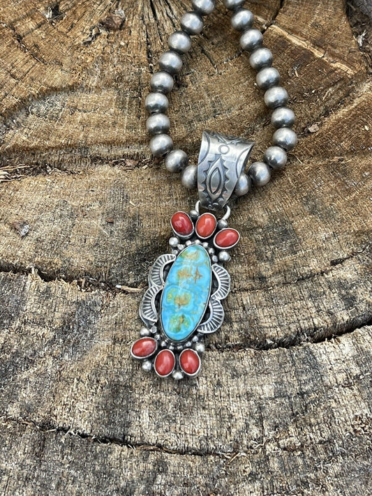 Navajo Sterling Kingman Web Turquoise & Red Coral Pendant Taos Collection