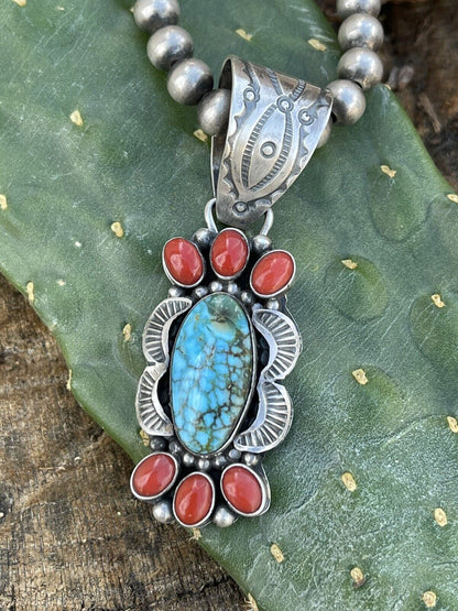 Navajo Sterling Kingman Web Turquoise & Red Coral Pendant Taos Collection