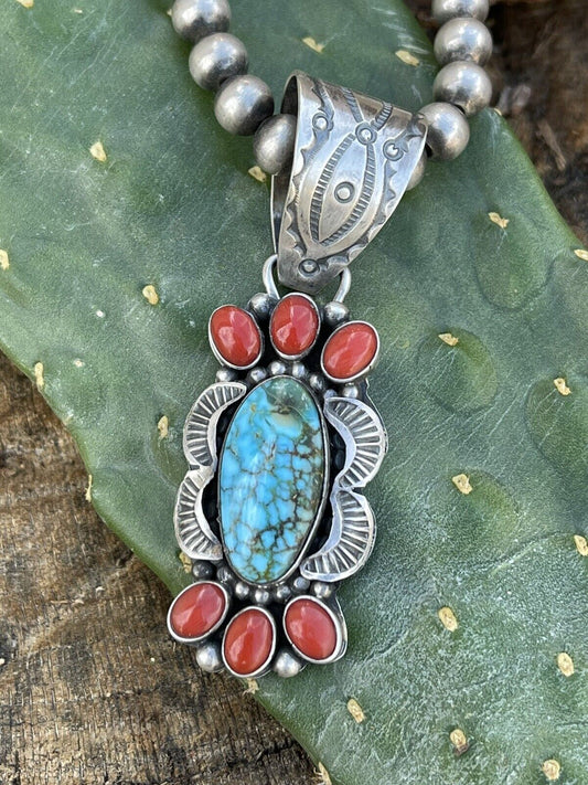 Navajo Sterling Kingman Web Turquoise & Red Coral Pendant Taos Collection