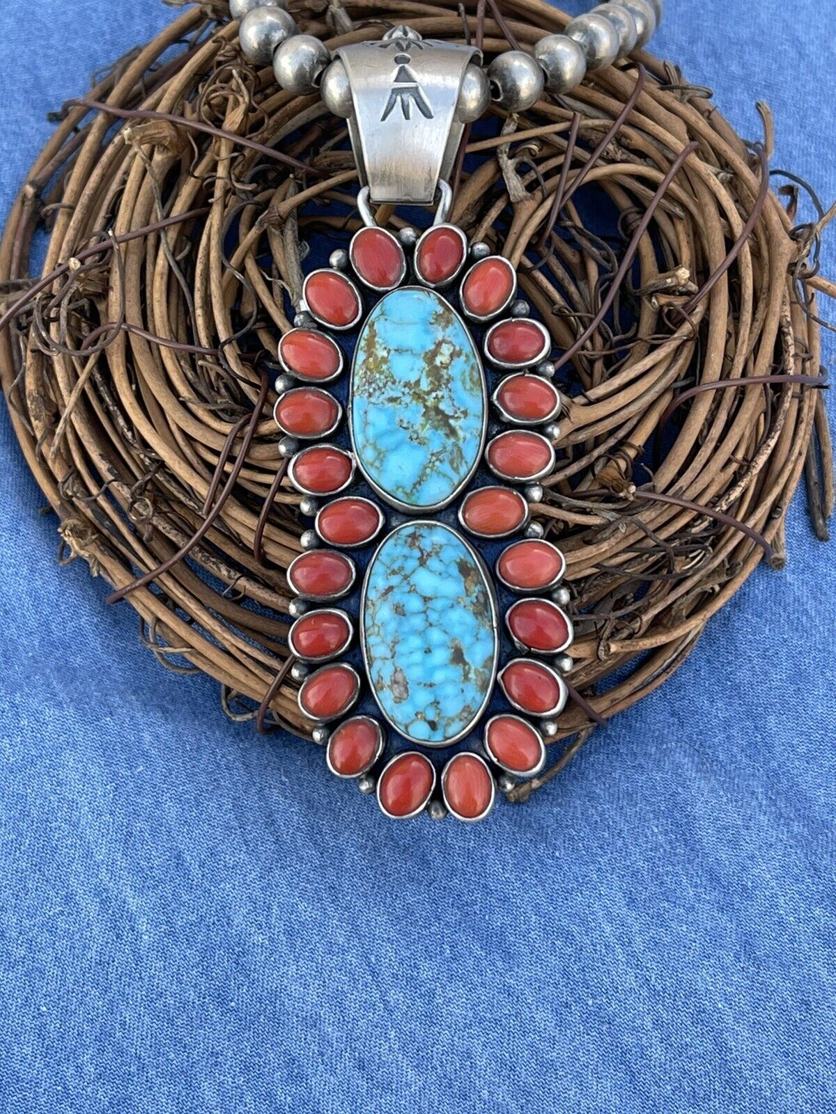 Navajo Sterling 2 Stone Kingman Web Turquoise & Red Coral Taos Pendant