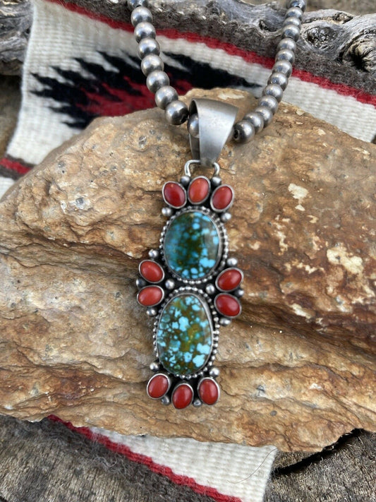 Navajo Sterling Kingman Web Turquoise & Red Coral Taos Pendant Bea Tom