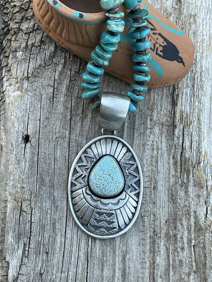 Navajo Dry Creek Turquoise Stone & Sand Cast Sterling Silver Pendant Signed