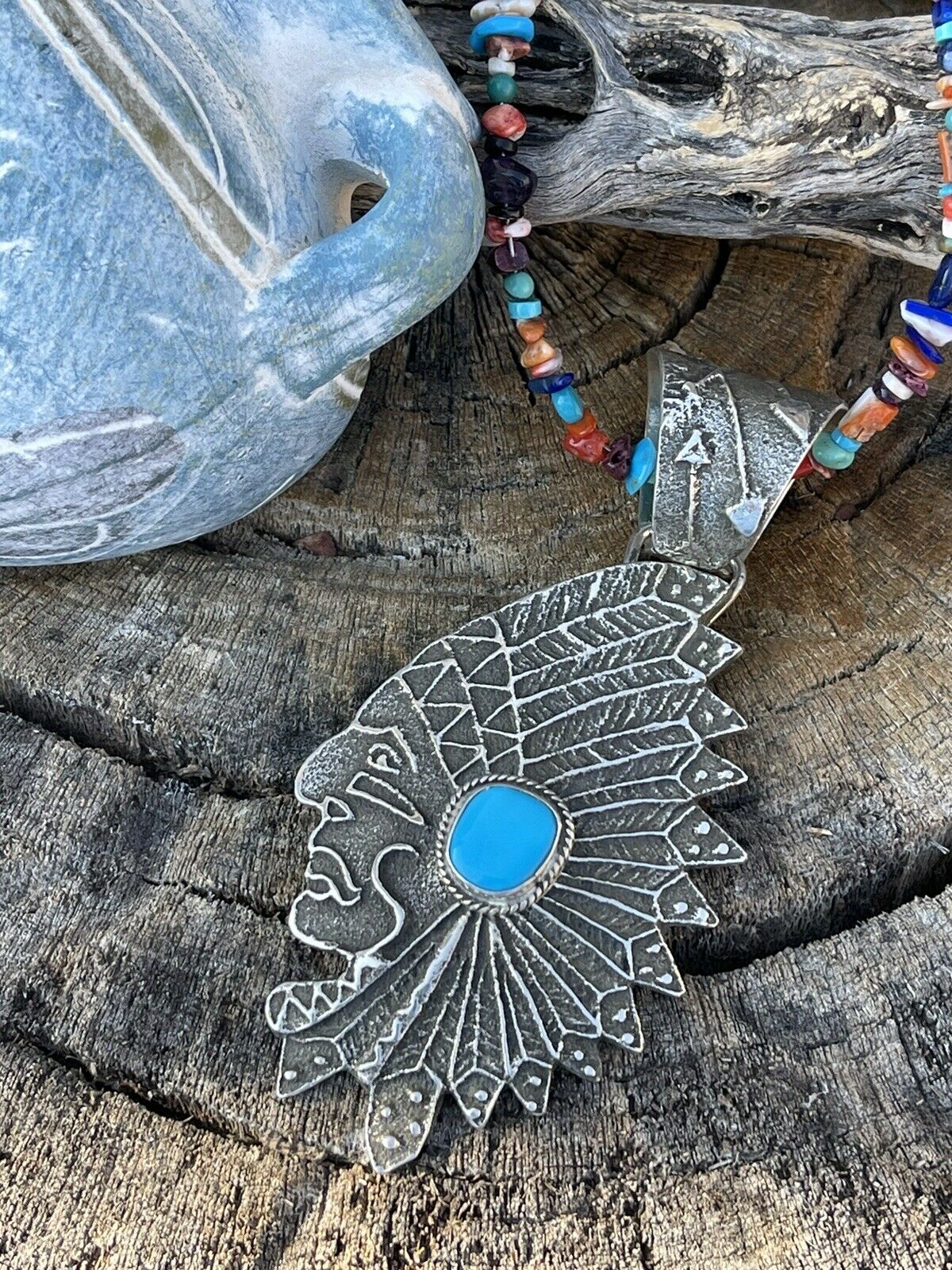 Navajo Sterling Silver & Kingman Turquoise Indian Chief Sand Cast Pendant Sign