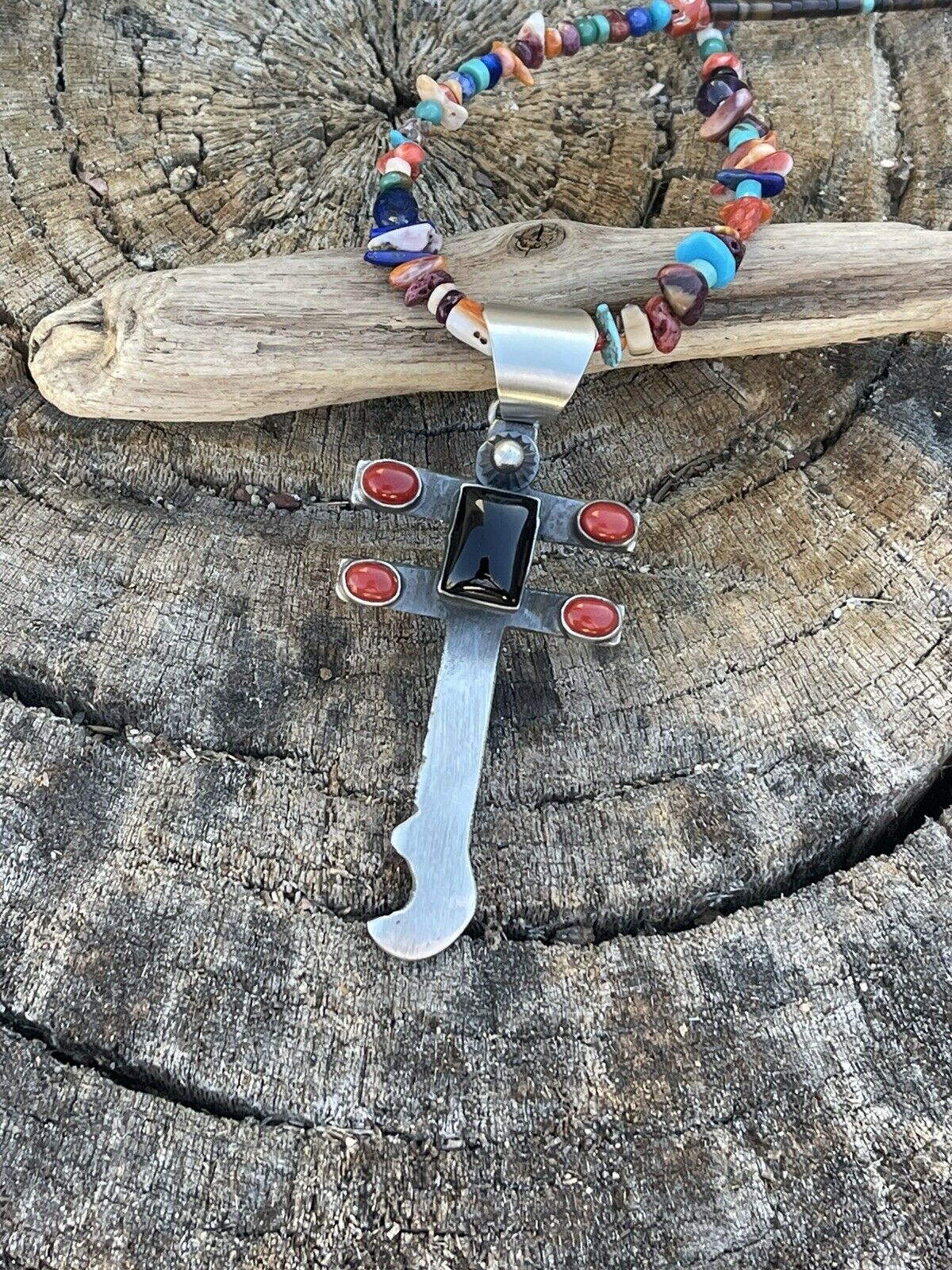 Navajo Sterling Silver Black Onyx and Coral Dragonfly Pendant By Chimney Butte