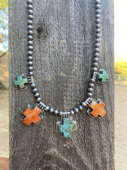 Buffalo Dancer Kingman Turquoise & Spiny Sterling Cross Beaded Necklace Signed