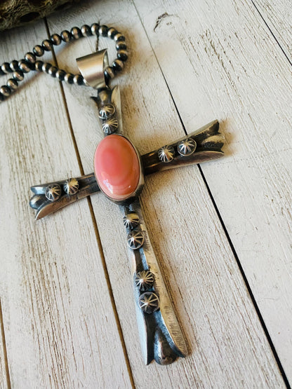 Navajo Queen Pink Conch Shell & Sterling Silver Cross Pendant By Chimney Butte