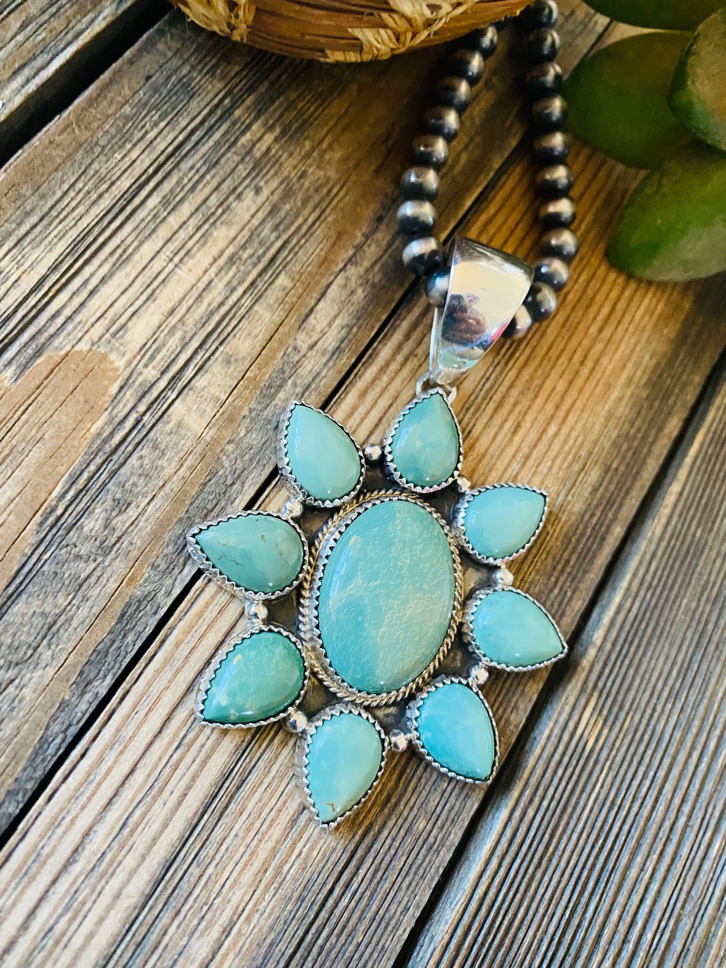 Navajo Sterling Silver & Kingman Turquoise Cluster Pendant Signed