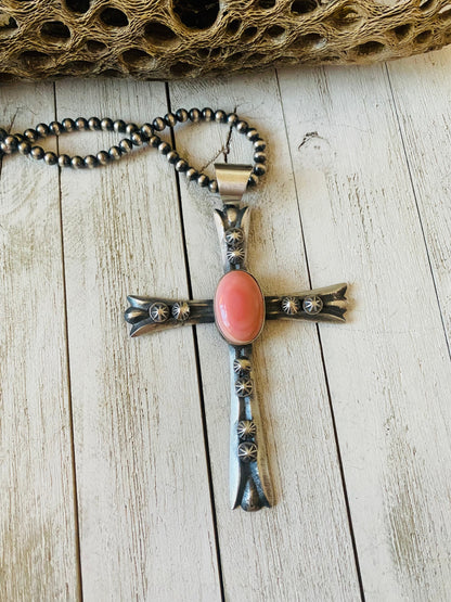 Navajo Queen Pink Conch Shell & Sterling Silver Cross Pendant By Chimney Butte