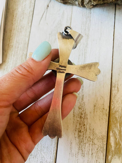 Navajo Queen Pink Conch Shell & Sterling Silver Cross Pendant By Chimney Butte