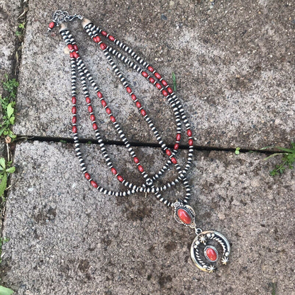 Navajo Natural Red Coral & Sterling Silver Naja Necklace