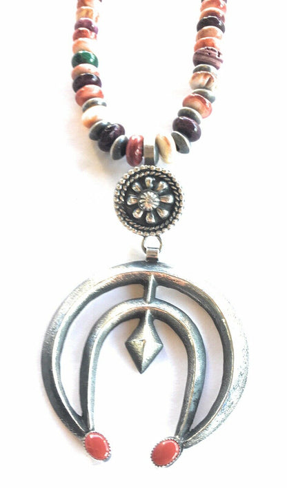 Navajo Sterling Silver & Spiny Oyster Naja Necklace Signed