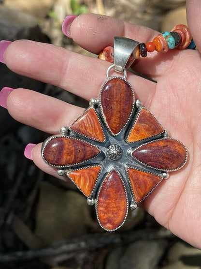 Navajo Sterling Silver Orange Spiny  Jumbo Cluster Pendant