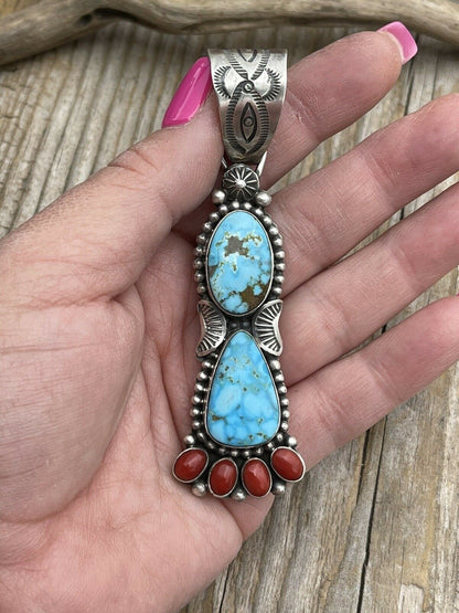 Navajo Sterling Kingman Web Turquoise & Red Coral Taos Pendant Danny Clark