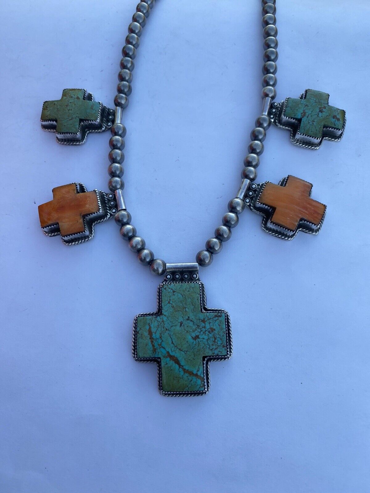 Buffalo Dancer Kingman Turquoise & Spiny Sterling Cross Beaded Necklace Signed