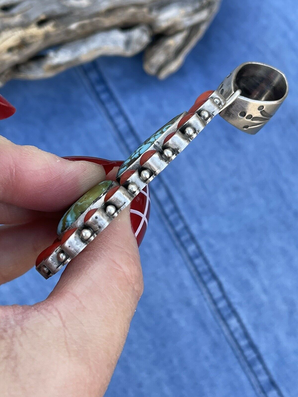 Navajo Sterling 2 Stone Kingman Web Turquoise & Red Coral Taos Pendant