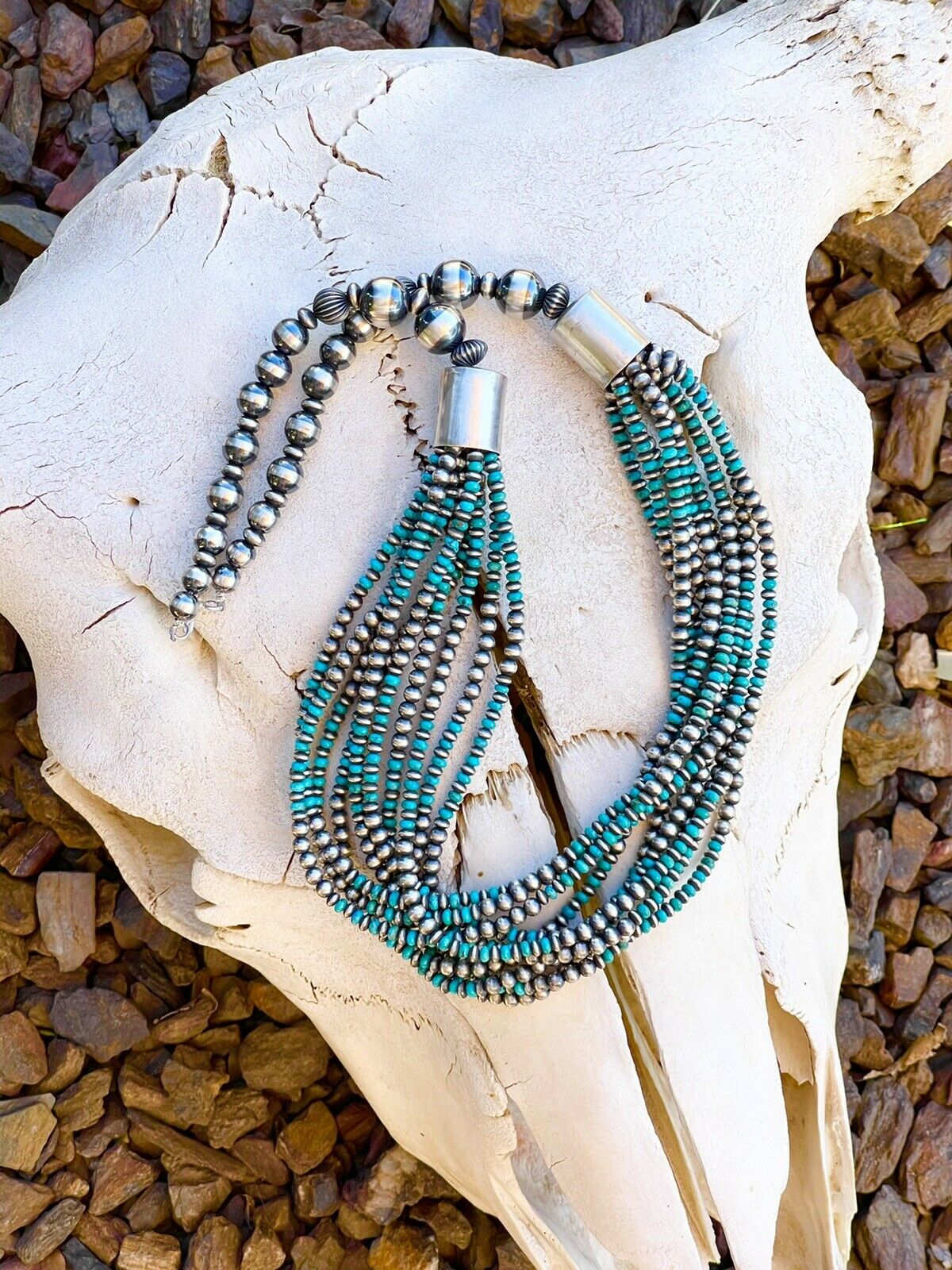 Navajo Sterling Silver & Turquoise Beaded 10 Strand Necklace