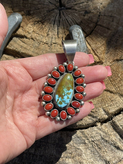 Navajo Sterling Silver Kingman Web Turquoise & Red Coral Taos Cluster Pendant