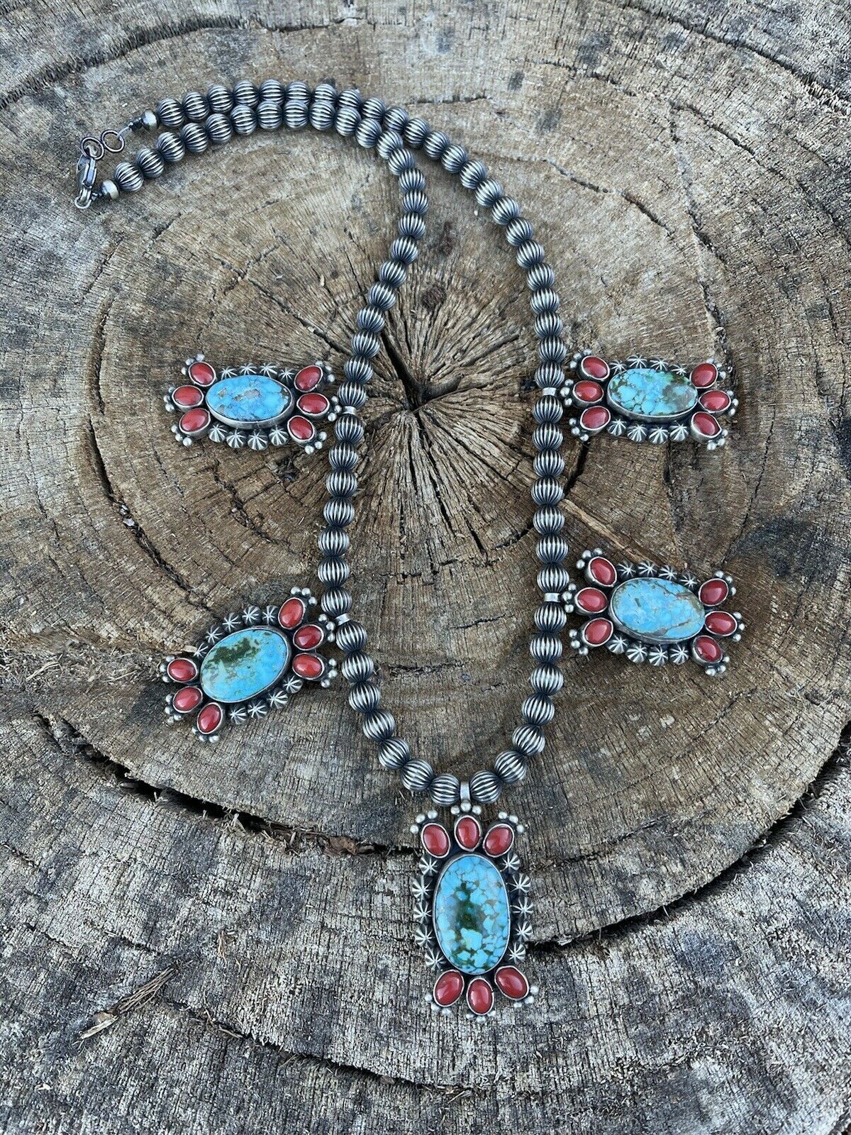 Navajo Sterling Kingman Turquoise Natural Red Coral Necklace Taos Collection